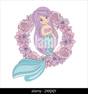 MERMAID FLOWERS Sea Underwater Princess Girl Floral Cartoon Travel Tropical Clip Art Vector Illustration Set For Print Stock Vector