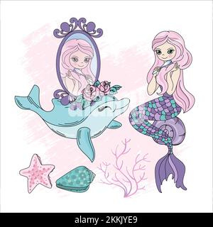 MERMAID EYES Underwater Princess Girl Fairy Cruise Travel Tropical Summer Vacation Cartoon Clip Art Vector Illustration Set For Print Stock Vector