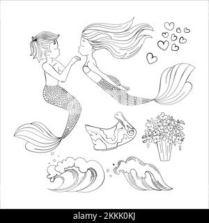 MERMAID LOVER Sea Underwater Princess Girl Cartoon Monochrome Clip Art Vector Illustration Set For Print Stock Vector