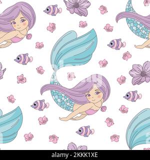 MERMAID PRINCESS Sea Travel Seamless Pattern Vector Illustration Set ...