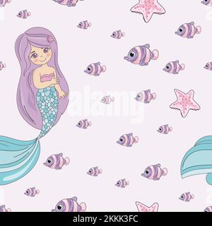 MERMAID SMILE Sea Underwater Princess Girl Cruise Tropical Cartoon Travel Seamless Pattern Vector Illustration For Print Stock Vector