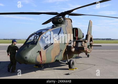 Aomori Prefecture, Japan - September 07, 2014: Japan Ground Self-Defense Force Kawasaki OH-1 Scout/observation helicopter. Stock Photo