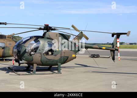 Aomori Prefecture, Japan - September 07, 2014: Japan Ground Self-Defense Force Hughes OH-6D Cayuse light observation helicopter. Stock Photo