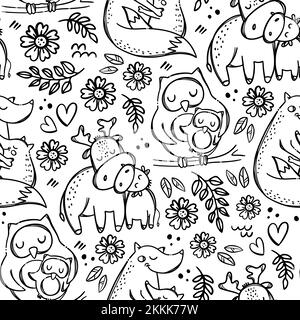 MOM KIDS LOVE Mothers Day Cute Animals Hugs And Kisses Their Children Parental Relationship Monochrome Hand Drawn Seamless Pattern Vector Illustration Stock Vector