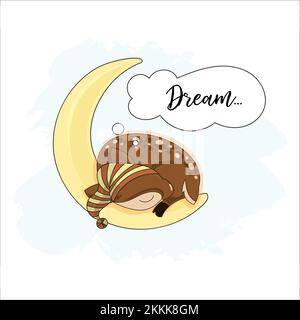 MOON DEER Good Night Cartoon Sleeping Animal Baby Clip Art Vector Illustration Set For Print Stock Vector
