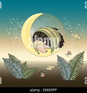MOON HEDGEHOG Sleeping Forest Animal Good Night Cartoon Clip Art Vector Illustration Set For Print Stock Vector