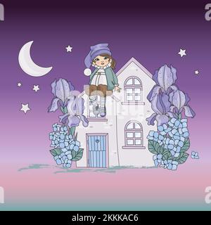 MOON DWARF Good Night Garden Magic Fairy Cartoon Clip Art Vector Illustration Set For Print Stock Vector