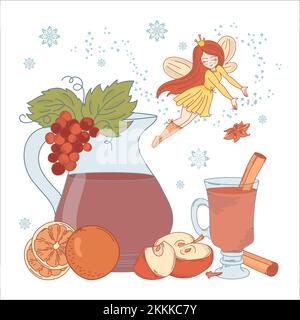 MULLED WINE FAIRY Princess Girl Merry Christmas New Year Dessert Clip Art Vector Illustration Set For Print Stock Vector