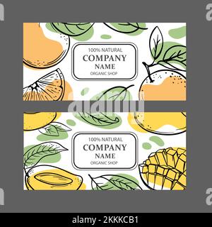 MULTI-FRUIT LABELS With Mango And Orange Design Of Stickers For Shop Of Organic Natural Fruits And Dessert Drink Products In Sketch Style Vector Illus Stock Vector