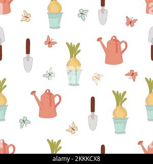 MY FARM Spring Season Nature Garden Work Holiday Cartoon Flat Style Hand Drawn Seamless Pattern Vector Illustration For Print Stock Vector