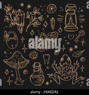 MYSTICAL SYMBOL Magical Objects Of Witchcraft Cartoon Holiday Halloween Monochrome Sketch Hand Drawn In Flat Style On Black Background Vector Illustra Stock Vector