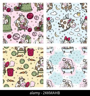NEW YEAR COW PATTERN SET Christmas Bulls Winter Holiday Hand Drawn Hygge Cartoon Four Seamless Backgrounds Vector Illustration Collection For Print Stock Vector