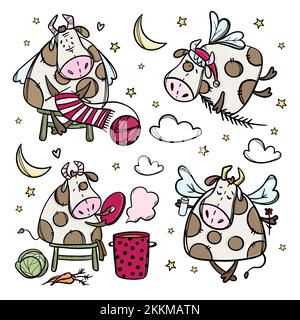NEW YEAR COW CHARACTERS Four Christmas Bulls Preparation For Merry Christmas Winter Holiday Cartoon Hand Drawn Hygge Clip Art Vector Illustration Set Stock Vector