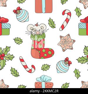 NEW YEAR MOUSE In Sock Cartoon Merry Christmas Winter Cute Animal Seamless Pattern Vector Illustration For Print Stock Vector