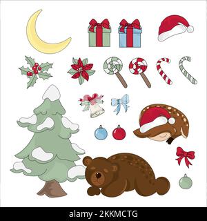 NEW YEAR PIECES Winter Forest Bear Deer Cute Animals Cartoon Merry Christmas Clip Art Vector Illustration Set For Print Stock Vector