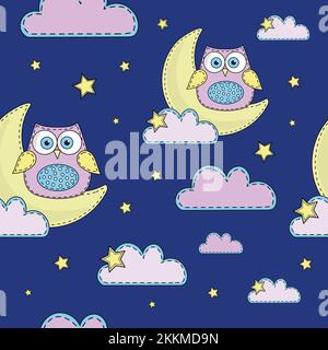 NIGHT OWL Sleeping Blue Sky Moon Felt Cartoon Seamless Pattern Vector Illustration For Print Stock Vector