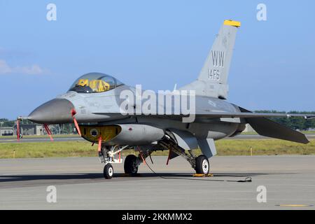 Aomori Prefecture, Japan - September 07, 2014: United States Air Force Lockheed Martin F-16C Fighting Falcon multirole fighter aircraft. Stock Photo