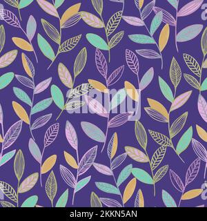 Seamless pattern with cute simple line branches with leaves. Minimalistic vector hand drawn illustration. Stock Vector