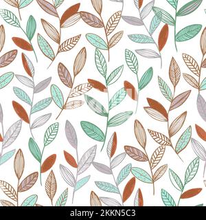 Seamless pattern with cute simple line branches with leaves. Minimalistic vector hand drawn illustration. Stock Vector