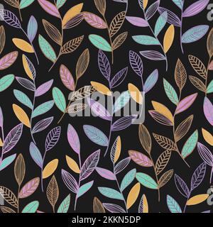 Seamless pattern with cute simple line branches with leaves. Minimalistic vector hand drawn illustration. Stock Vector