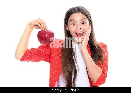 Spring everywhere. spring season fruits. full of vitamins. organic food only. natural and healthy. happy childhood. kid eat apple. child with fruit Stock Photo