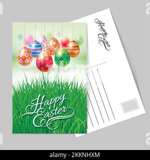 Template Greeting Card with Hanging Easter Eggs with Different Ornaments to Celebrate the Festive Season Stock Vector