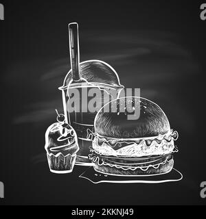 Big Hamburger or Cheeseburger, Soda Cup with Straw and Lid and Cake. Isolated on a Chalkboard. Realistic Doodle Cartoon Style Hand Drawn Sketch Illust Stock Vector