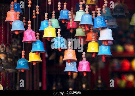 Group of colorful bells on the Pottery square in Bhaktapur, Nepal Stock Photo