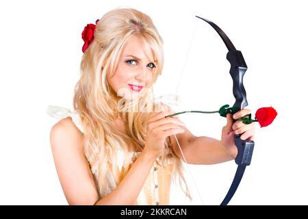 Beautiful young blond woman with cupid bow and red rose arrow, love concept on white background Stock Photo