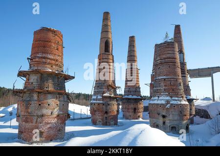 Ruins of old lime kilns close-up on a sunny March day. Ruskeala, Karelia. Russia Stock Photo