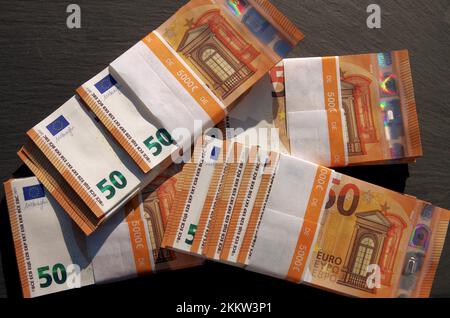 Money, banknotes, 50 euro, Fifty Euro notes bundled together Stock Photo