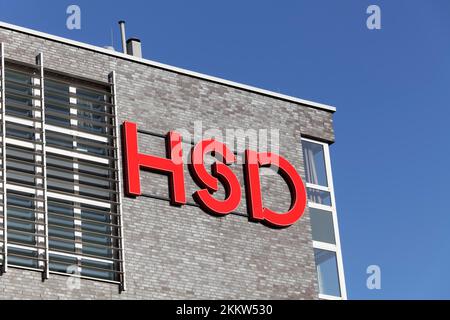 Düsseldorf University of Applied Sciences, HSD, Logo on student accommodation building, Derendorf Campus, Düsseldorf, North Rhine-Westphalia, Germany, Stock Photo