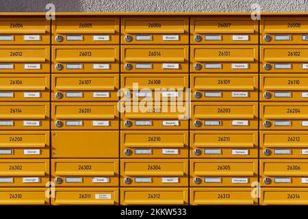 Many letterboxes of a student housing complex, German and foreign names, Düsseldorf University of Applied Sciences, HSD, Derendorf Campus, Düsseldorf, Stock Photo