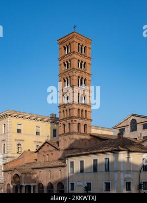 Rome, Italy - October 22, 2022: Bell tower of Santa Maria in Cosmedin on the street of Rome Stock Photo