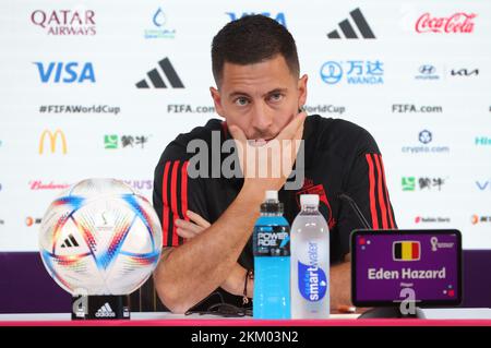 Doha, Qatar. 26th Nov, 2022. Belgium's Eden Hazard pictured during a press conference of the Belgian national soccer team the Red Devils, at the Qatar National Convention Center QNCC, in Doha, State of Qatar, Saturday 26 November 2022. The Red Devils are preparing for the upcoming game at the FIFA 2022 World Cup in Qatar. BELGA PHOTO VIRGINIE LEFOUR Credit: Belga News Agency/Alamy Live News Stock Photo