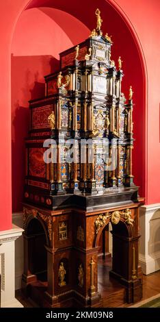 a hand crafted and painted wooden cabinet, the Pope's cabinet, Stourhead, Wiltshire UK Stock Photo