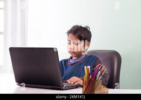 Boy using laptop and doing homework  in the  living room Stock Photo