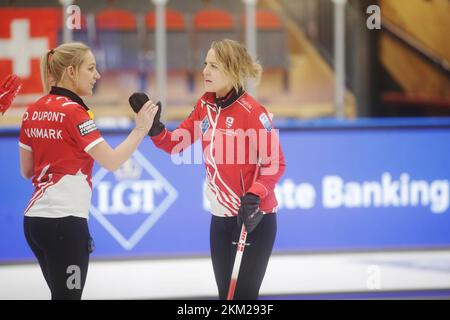 Denmarks skipper Madeleine Dupont (right) and Denise Dupont during the women's gold medal game between Denmark and Switzerland at the European Curling Stock Photo