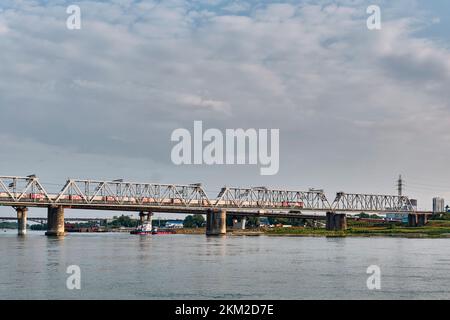 Novosibirsk,Russia - August 20, 2022: Novosibirsk Rail Bridge is first railway bridge across Ob River, built in 1897. Located on main branch of Trans- Stock Photo