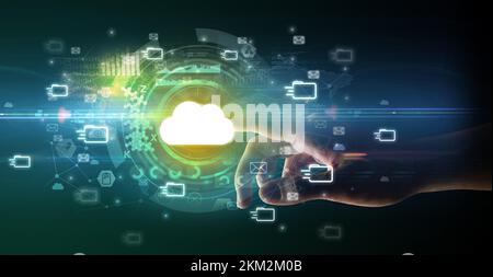 touching with soft gesture multimedia screen with future technology concept Stock Photo