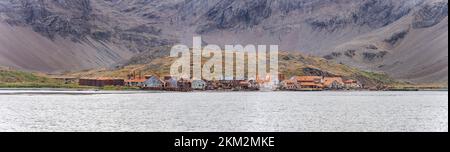 Leith Harbour - old, abandoned and largest of all seven whaling stations on South Georgia - whaling base in Leith Harbour South Georgia Stock Photo