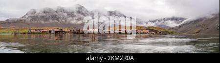 Leith Harbour - old, abandoned and largest of all seven whaling stations on South Georgia - whaling base in Leith Harbour South Georgia Stock Photo