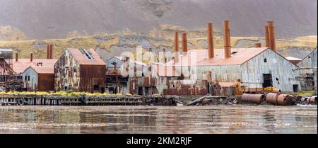 Leith Harbour - old, abandoned and largest of all seven whaling stations on South Georgia - whaling base in Leith Harbour South Georgia Stock Photo