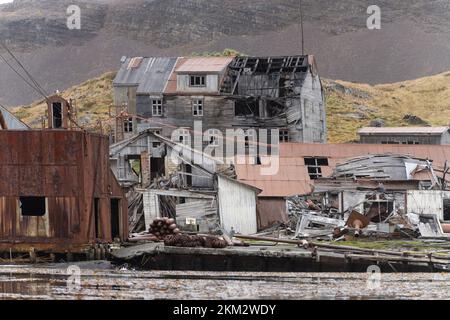 Leith Harbour - old, abandoned and largest of all seven whaling stations on South Georgia - whaling base in Leith Harbour South Georgia Stock Photo