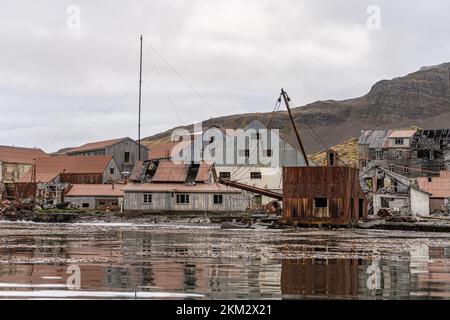 Leith Harbour - old, abandoned and largest of all seven whaling stations on South Georgia - whaling base in Leith Harbour South Georgia Stock Photo