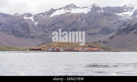 Leith Harbour - old, abandoned and largest of all seven whaling stations on South Georgia - whaling base in Leith Harbour South Georgia Stock Photo