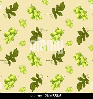 Grape. Seamless Pattern with Bunches of Green Grapes and Leaves. Bright Juicy Grape Berries. The illustration is hand drawn. Design for Packaging, Stock Photo