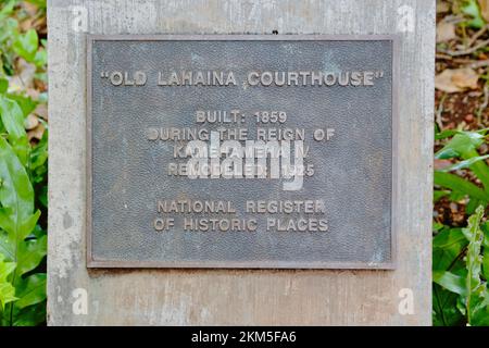 Old Lahaina courthouse plaque in Maui, Hawaii Stock Photo