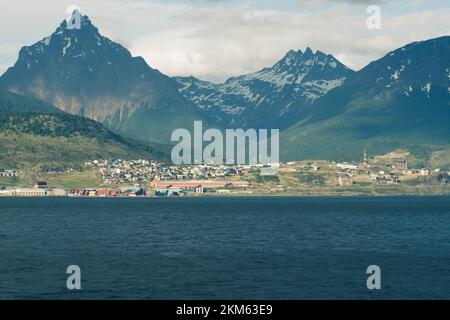 View of the Martial Mountains and the city of Ushuaia, Argentina. Taken from a boat sailing on the Beagle Channel. Stock Photo