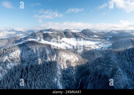 Carpathian, Romania, 2021-12-28. Romanian mountain illuminated by the sun with conifers under the snow. Stock Photo